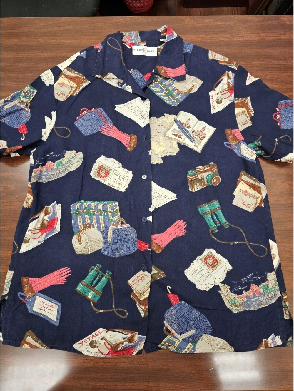 First Issue Blouse Womens L Travel Print Navy Button Front Short Sleeve Vintage